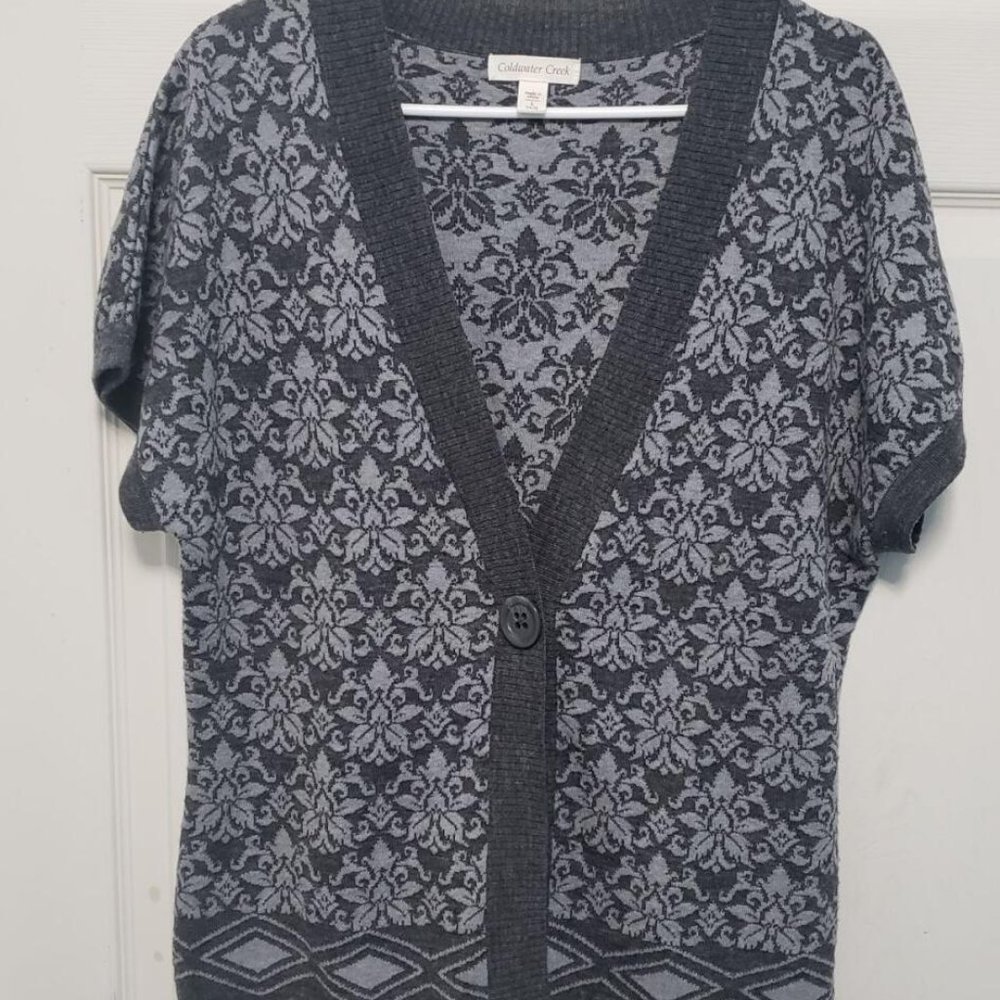 Cpldwater Creek Sweaters Women's Grey Floral Single Button Short Sleeve Knit szL
